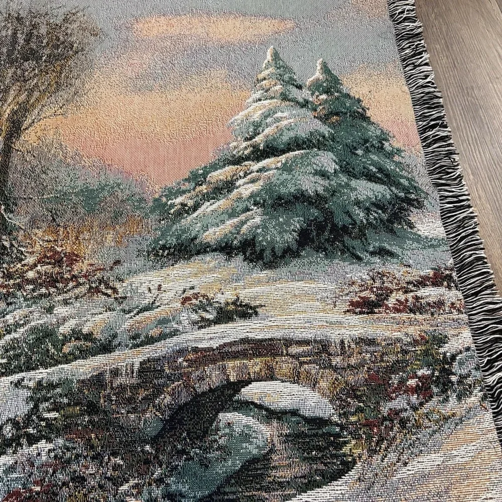 Mohawk Home Vintage Tapestry Throw Blanket Winter Scene Cabin in Woods 56x48